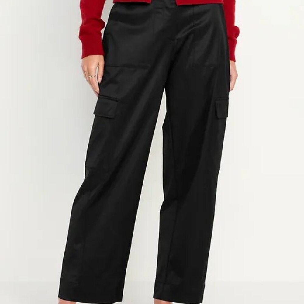 Extra High Waisted Satin Cargo Barrel Wide Leg Pants